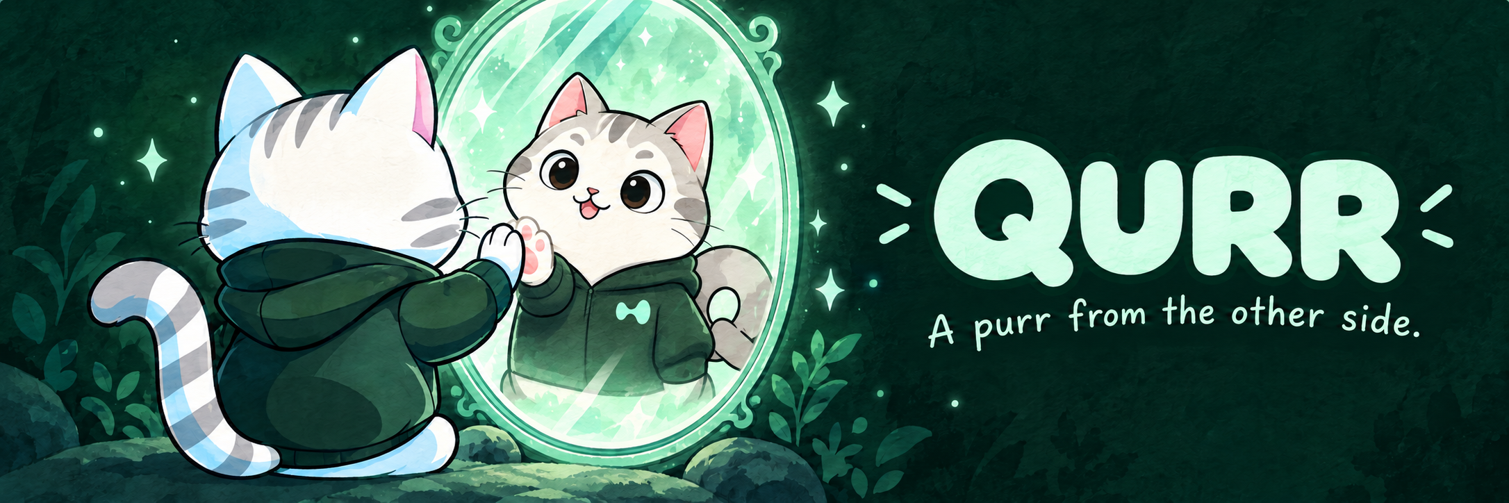 PURR looks into a mint mirror and sees QURR, a round cream kitten with a Q-shaped tail, looking back.
